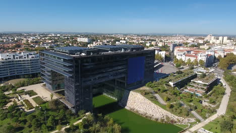 Montpellier-modern-town-hall-aerial-drone-view-flying-around.-Design-architectur